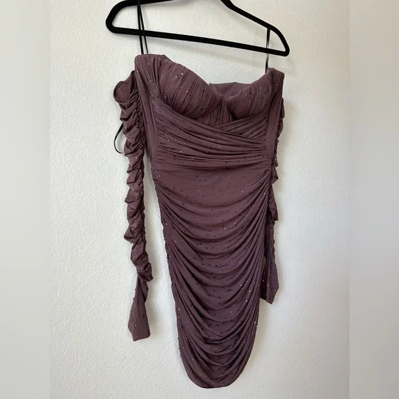 Alex Perry Koda Crystal Brown Dusty Rose Mini Dress - Picture 7 of 11